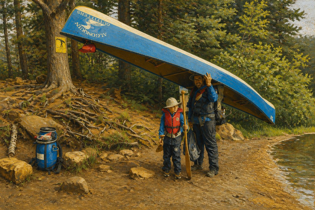 Jason Schwartz portaging a canoe with his son